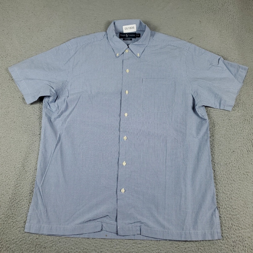 Ralph Lauren Shirt Mens Size Medium Blue Check Pony Button Up Short Sleeve *